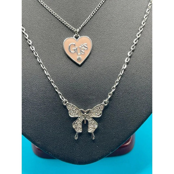 Guess Silver Logo Pave Butterfly Heart Pave Flower Charm 3 Strand Chain Necklace - Picture 3 of 6